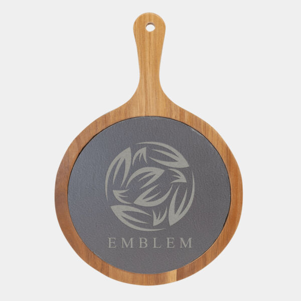 8 1/4" x 12 1/4" Round Acacia Wood/Slate Serving Board with Handle Thumbnail