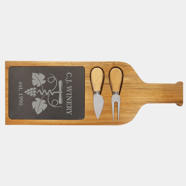 17 1/2" x 6" Acacia Wood/Slate Serving Board with Two Tools Thumbnail