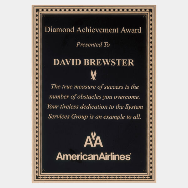 6 1/4" x 8 3/4" Laser Engravable Brass Plated Steel Plate with Diamond Florentine Border and Four Holes Thumbnail