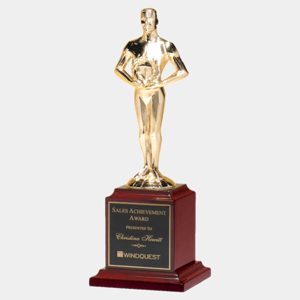 13 1/2" Cast Metal Goldtone Finish Classic Achiever Figure on a Piano Finish Base with a Laserable Plate Thumbnail